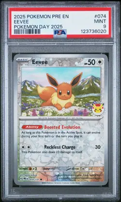 2025 POKEMON PRE EN-PRISMATIC EVOLUTIONS POKEMON DAY 2025 #074 EEVEE PSA 9 - Image 1