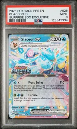 Glaceon Ex 026/131 Pokemon Prismatic Evolutions Stamped Promo Surprise Box PSA 9 - Image 1