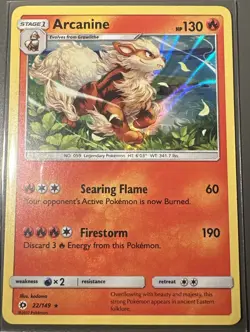 Pokemon TCG Arcanine Sun & Moon Base 22/149 Holo Rare - Image 1