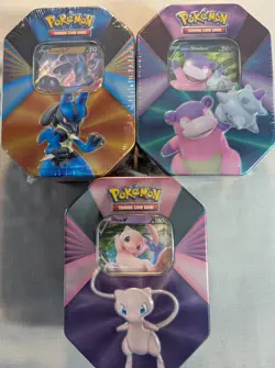 Pokemon- 3 Tin Set V Forces Mew V, Galarian Slowbro V, Lucario V- 2021 Sealed - Image 1