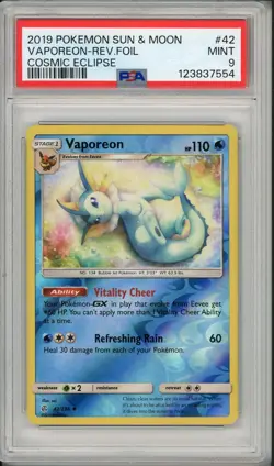 2019 Pokemon Sun & Moon Cosmic Eclipse Vaporeon Reverse Holo Foil #42 PSA 9 - Image 1