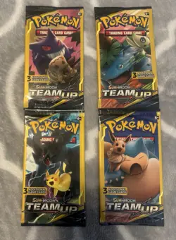 Pokemon Sun and Moon Team Up 3 Card Mini Booster Packs Complete Art Set Lot of 4 - Image 1
