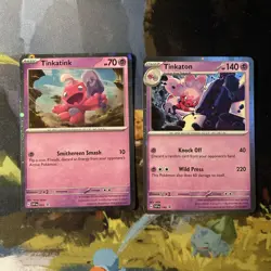 Tinkatink and Tinkaton (SVP Black Star Promos 25, 140) cosmos holo Pokemon cards - Image 1