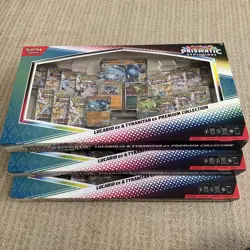 3 x Pokemon Prismatic Evolutions Lucario EX and Tyranitar EX Premium Collection - Image 1
