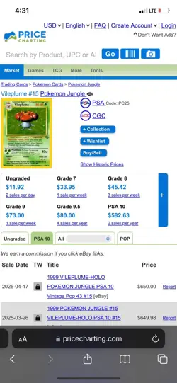Vileplume 15/64 Jungle Holo GRADED 10 GEM MINT PGC Pokemon Card 1999 - Image 5