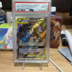 PSA 8 2019 Pokemon SM Cosmic Eclipse Reshiram Zekrom Tag Team GX 222/236 - Image 1