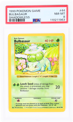 1999 Pokemon Base Set Bulbasaur Shadowless #44 PSA 8 - Image 1