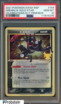 2021 Pokemon SWSH BSP Celebrations ETB #144 Greninja Gold Star PSA 10 GEM MINT - Image 1