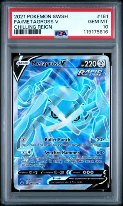 2021 Pokemon Sword & Shield Chilling Reign #181 Full Art Metagross V PSA 10 - Image 1