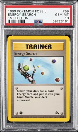 1999 POKEMON FOSSIL 1ST ED #59 ENERGY SEARCH PSA 10 - Image 1