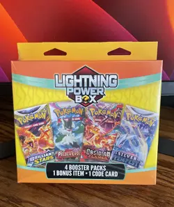 Pokemon 2025 lighting power box 4 booster packs 1 bonus item 1 code card - Image 1