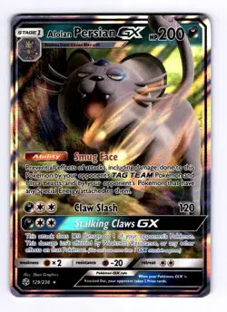 Alolan Persian GX SM - Cosmic Eclipse #129 (2019) Ultra Rare Holo NM Pokemon - Image 1