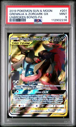 2019 POKEMON SUN & MOON UNBROKEN BONDS #201 FULL ART/GRENINJA & ZOROARK GX PSA 9 - Image 1