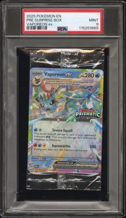 2025 POKEMON PROMO PACK PRISMATIC EVOLUTION SURPRISE BOX-VAPOREON EX CELLO PSA 9 - Image 1