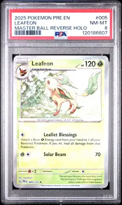 2025 POKEMON PRE EN-PRISMATIC EVOLUTIONS MASTER BALL REVERSE HOLO LEAFEON PSA 8 - Image 1