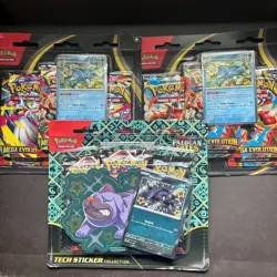 Pokemon Lot Mega Evolution 3 Pack Blister + Paldean Fates Tech Sticker Collect - Image 1