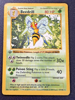1st Edition Shadowless Beedrill 17/102 Base Set Pokemon Card Rare HP - Image 1
