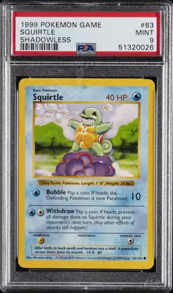 1999 POKEMON BASE SET SHADOWLESS #63 SQUIRTLE PSA 9 - Image 1
