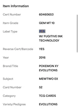 PSA 10 2016 Mewtwo EX Evolutions #52 Pokemon XY - Image 3