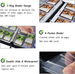 Card Binder with Sleeves, 4 Pockets up to 400 Cards Binder Compatible with TCG T - Image 5