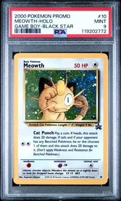 2000 Promo Black Star Meowth Game Boy #10 Holo Swirl PSA 9 - Image 1