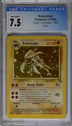 1999 Pokemon Fossil Unlimited Kabutops 9/62 Holo Rare CGC 7.5 NM + - Image 1