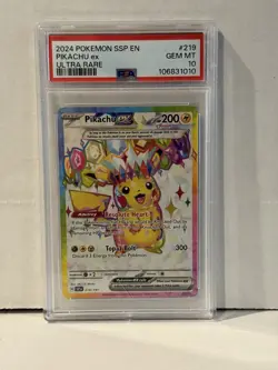 2024 POKEMON SSP EN-SURGING SPARKS ULTRA RARE #219 PIKACHU EX PSA 10 - Image 1