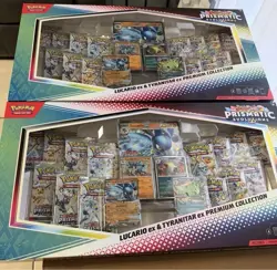 (2 Boxes) Pokemon Prismatic Evolutions Lucario Tyranitar EX Premium Collection - Image 1