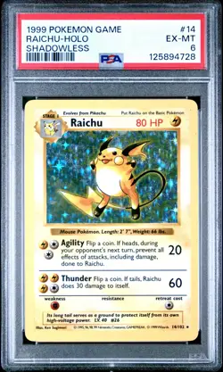 1999 POKEMON GAME SHADOWLESS #14 RAICHU-HOLO PSA 6 - Image 1