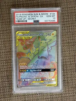 PSA 10 Pikachu & Zekrom GX Team Up Card Secret Rare SM Rainbow Holo 184/181 - Image 1