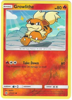 Pokemon REVERSE HOLO GROWLITHE Sun & Moon Base Set 21/149 PACK FRESH - Image 1
