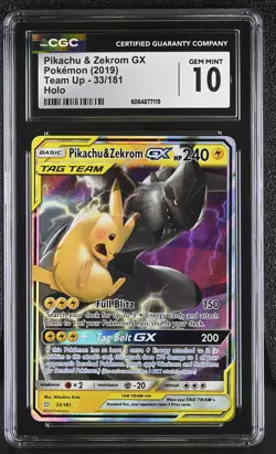 CGC 10 GEM MINT Pikachu & Zekrom GX 2019 Team Up 33/181 Holo Pokemon Card - Image 1