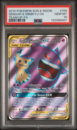 2019 POKEMON SUN & MOON TEAM UP #164 FULL ART/GENGAR & MIMIKYU GX PSA 10 - Image 1