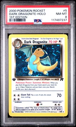 2000 POKEMON ROCKET 1ST ED #5 DARK DRAGONITE-HOLO PSA 8 - Image 1