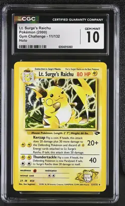 CGC 10 GEM MINT Lt. Surge's Raichu Gym Challenge 11/132 Holo Pokemon Card - Image 1