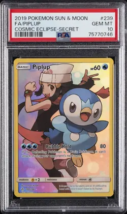 2019 POKEMON SUN & MOON COSMIC ECLIPSE SECRET #239 FULL ART/PIPLUP PSA 10 - Image 1