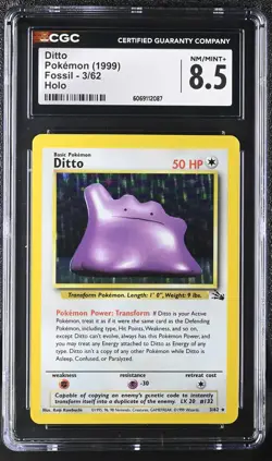 CGC 8.5 Ditto 1999 Fossil 3/62 Holo Pokemon Card - Image 1