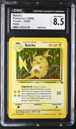 CGC 8.5 Raichu 1999 Fossil 14/62 Holo Pokemon Card - Image 1