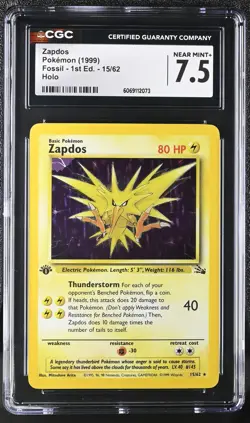 CGC 7.5 Zapdos 1999 Fossil 1st Edition 15/62 Holo Pokemon Card - Image 1
