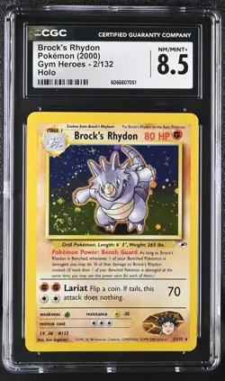 CGC 8.5 Brock's Rhydon 2000 Gym Heroes 2/132 Holo SWIRL Pokemon Card - Image 1