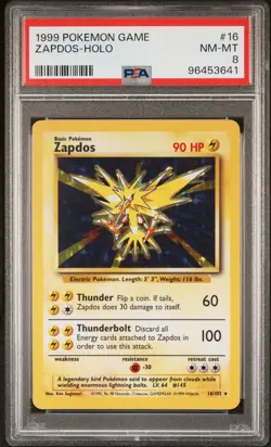 1999 POKEMON BASE SET UNLIMITED #16 ZAPDOS-HOLO PSA 8 - Image 1