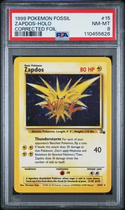 1999 Pokemon Fossil Zapdos 15/62 - HOLO - Corrected Foil - SGC 8 - Image 1
