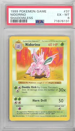 PSA 6 - Pokemon Card - Base 37/102 - NIDORINO (uncommon) *Shadowless* - EX-MT - Image 1