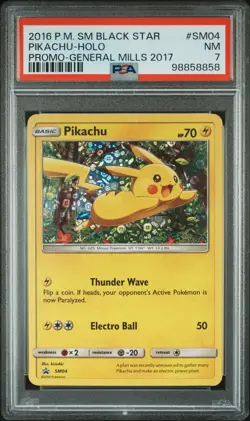 2016 POKEMON SM BLACK STAR PROMO GENERAL MILLS 2017 #SM04 PIKACHU-HOLO PSA 7 - Image 1