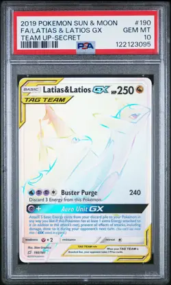 2019 POKEMON SUN & MOON TEAM UP SECRET #190 FULL ART/LATIAS & LATIOS GX PSA 10 - Image 1