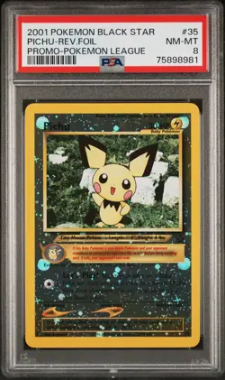 2001 POKEMON PROMO BLACK STAR POKEMON LEAGUE #35 PICHU-REVERSE FOIL PSA 8 - Image 1