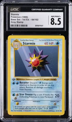 1999 POKEMON (1999) BASE SET - 1ST ED., GRAY STAMP #64/102 STARMIE CGC 8.5 - Image 1
