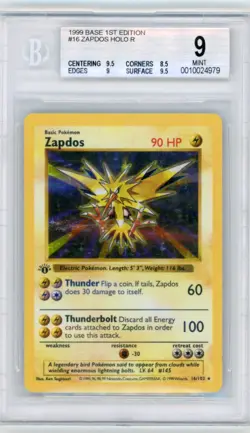 1999 Pokemon Base Set Zapdos 16/102 1st Edition Shadowless Holo BGS 9 - Image 1