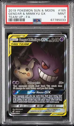 2019 POKEMON SUN & MOON TEAM UP #165 FULL ART/GENGAR & MIMIKYU GX PSA 9 - Image 1