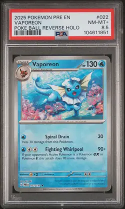 2025 POKEMON PRE EN-PRISMATIC EVOLUTIONS POKE BALL REVERSE HOLO VAPOREON PSA 8.5 - Image 1